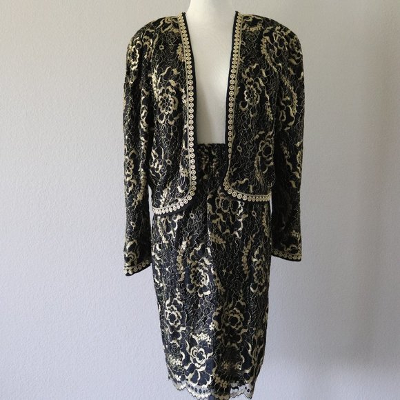 Diane Freis Gold and Black and Gold Lace Vintage Skirt Suit - Picture 2 of 9